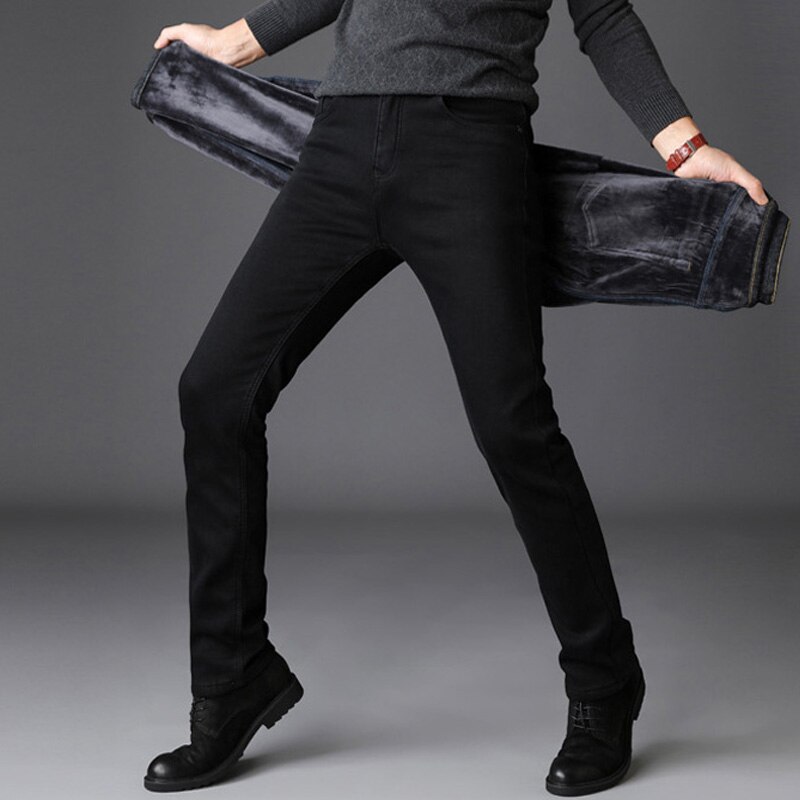 Men Black Slim Fit Stretch Thick Velvet Pants Elastic Warm Winter Jeans Jeans For Men Casual Business Fleece Jeans Homme