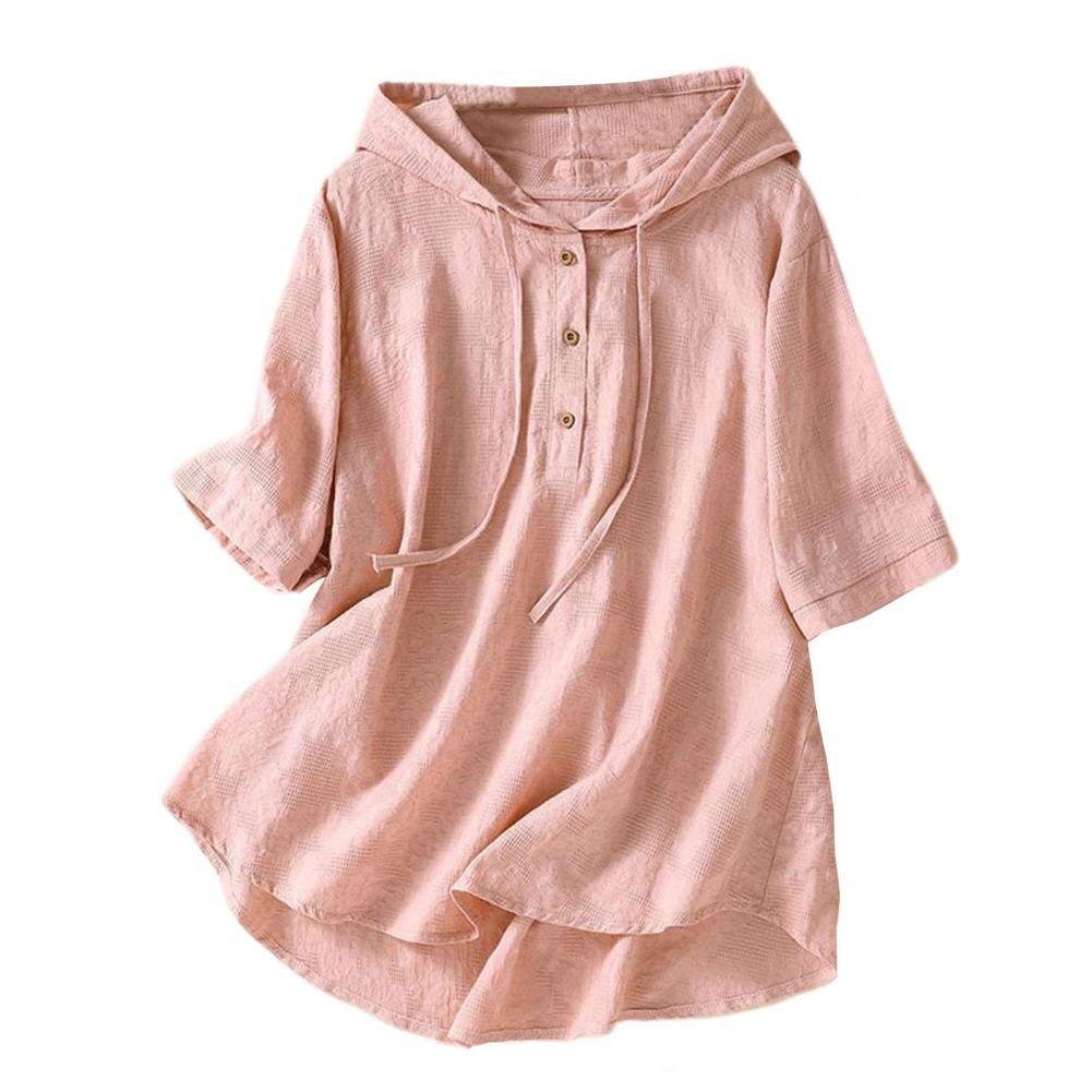 Dames T-Shirt Vintage Halve Mouw Capuchon Dames Geborduurde Loszittende Blouse Met Trekkoord Dun: M / Roze