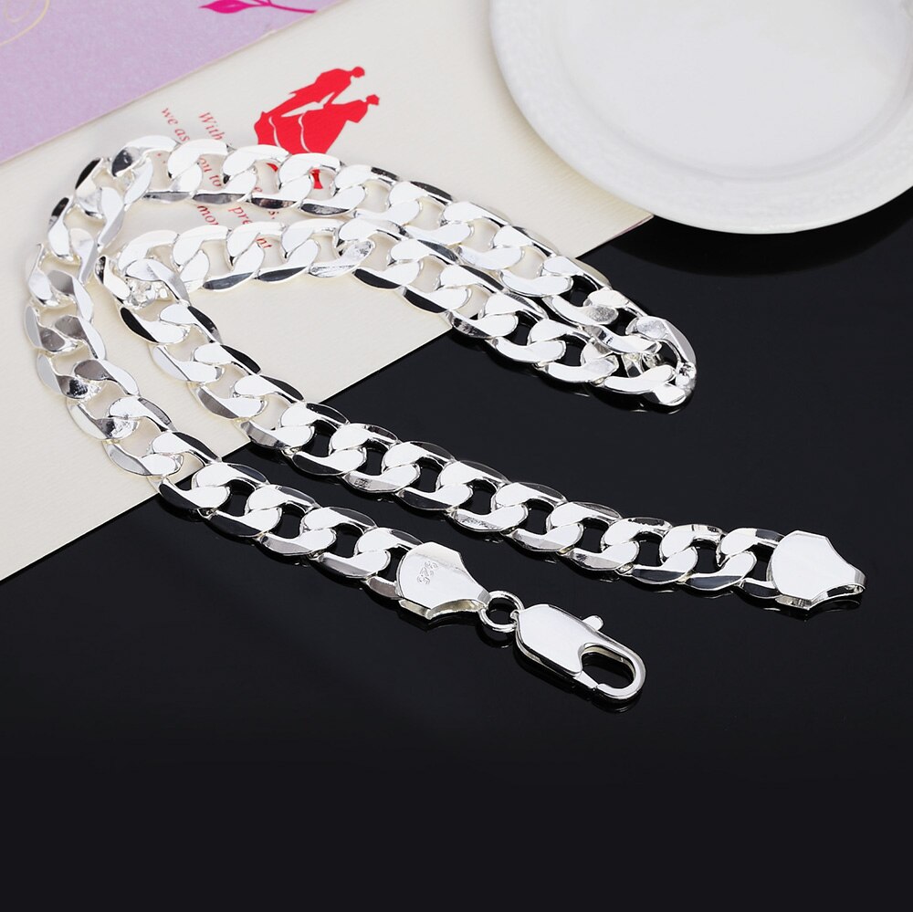 BAYTTLING 925 Plata 18/20/22/24/26/28/30 pulgadas 12MM laterales completos Cuba collar de cadena para los hombres y las mujeres joyería de
