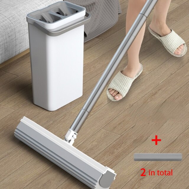 Fregona de esponja absorbente fuerte con cubo, escurridor, deshidratado para limpieza del hogar, cocina, baño, suelos de madera, herramienta de fregona perezosa: Bucket mop 2sponge