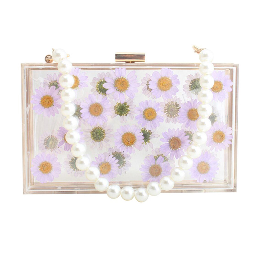 Women Acrylic Sunflower Printed Clear Purse Transparent Crossbody Bag Through Handbags Evening Clutch Events Approved: Purple Bead Strap