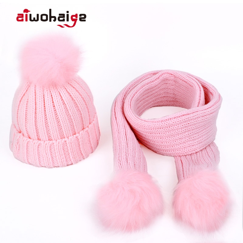 Mode kinderen Gebreide Mutsen Muts Sjaal 2 Stuks Set Effen Kleur Winter Jongen Meisje pompom Zachte Cap sjaals Baby Kids