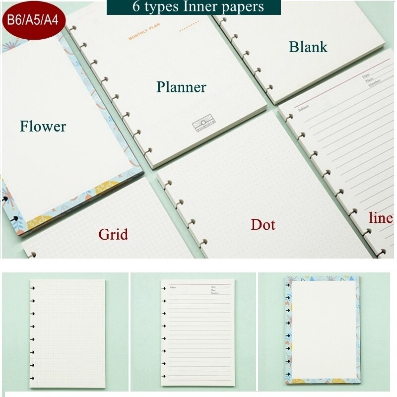 B6/A5/A4 Notebook Refill Papers for DIY Notebook with 7/8/11 Mushroom Holes Inner papars Lose Leaf Accessories LF19-289
