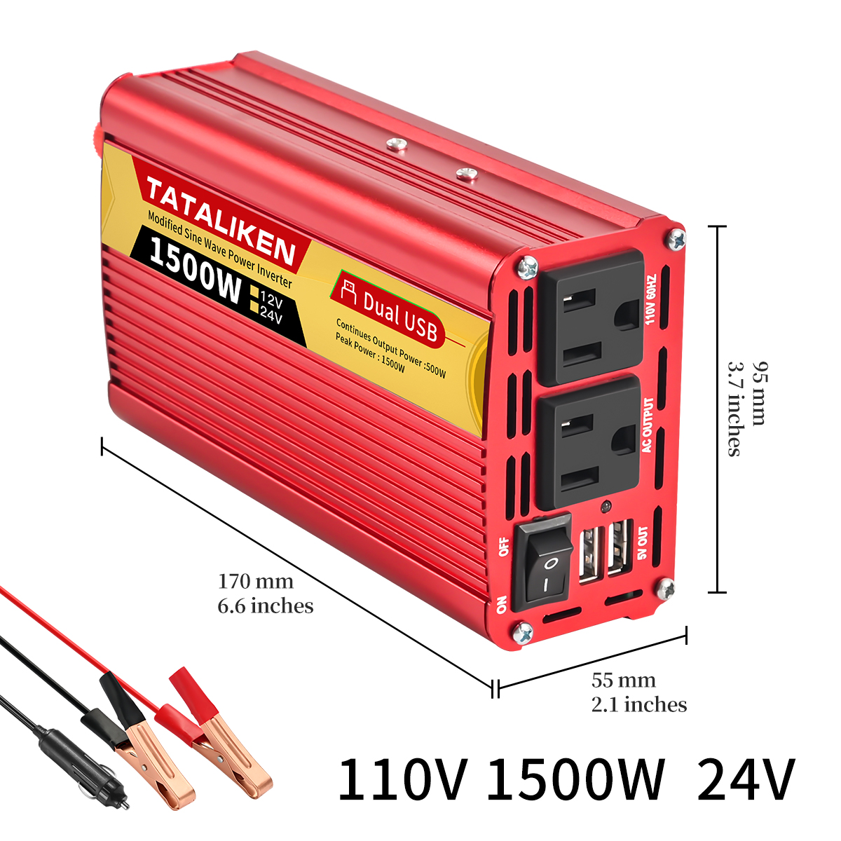 Inverter 12v, 24V 600W 1500W 2000W 2500W, portable vehicle-mounted household converter, universal socket, auto accessories: Yellow