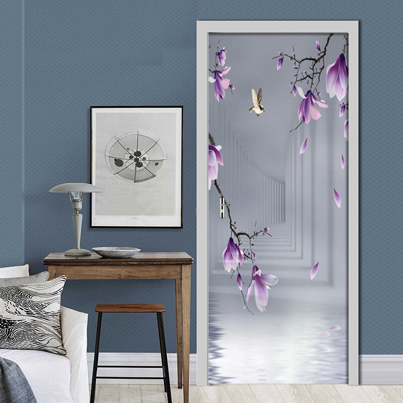 DIY Door Sticker Purple Flowers Space Photo Wallpaper PVC Self-adhesive Wall Decals Living Room Bedroom Door Home Decor Sticker