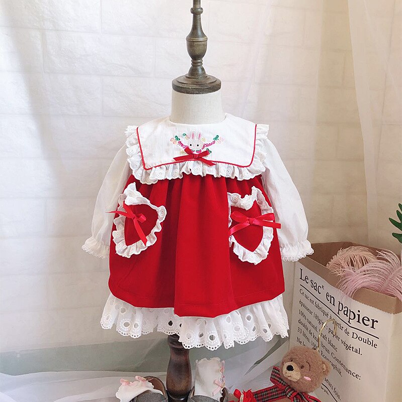 Gilrs Sweet lolita dress Kids vintage baby costume kawaii dress for children Red bow dress Halloween costume for Kids
