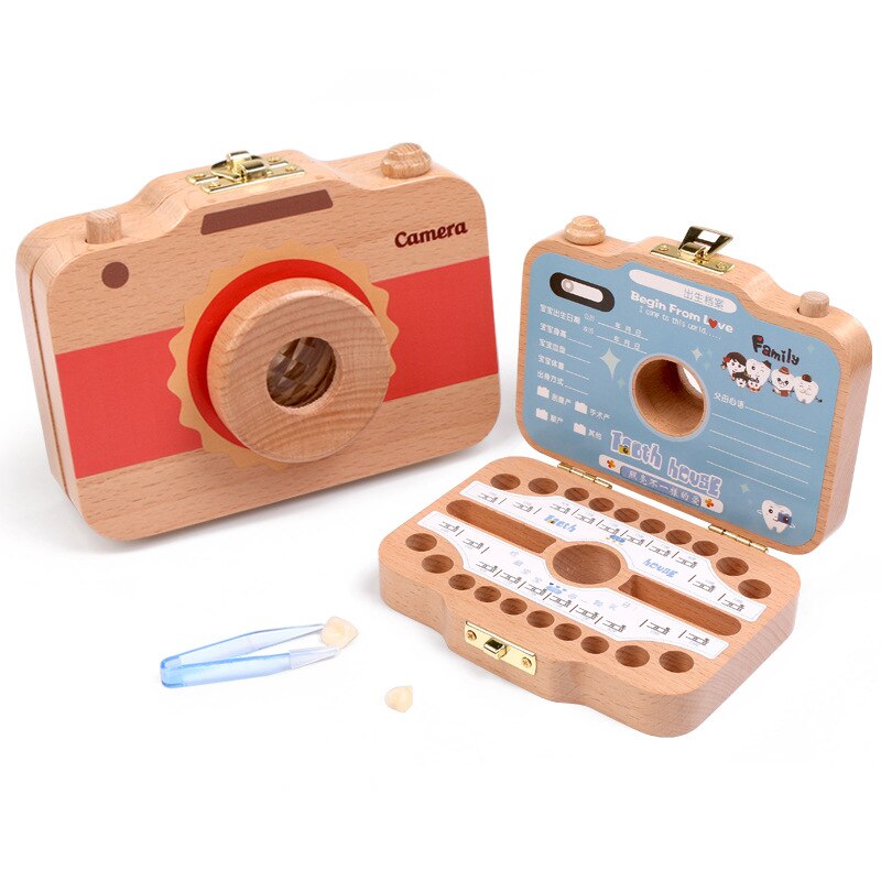 Wooden Baby Teeth Box Baby Tooth Keepsake Box Camera Shaped Wooden Container Storage Teeth Kids Tandendoosje Caja Dient
