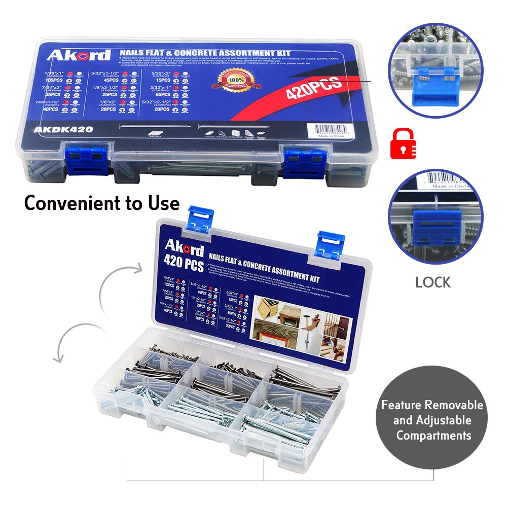 AKORD 420PCS Flat Nails Concrete Nails for Furniture Building Upholstery Brick Drywall Thin Wood Material Fastener Set Storage