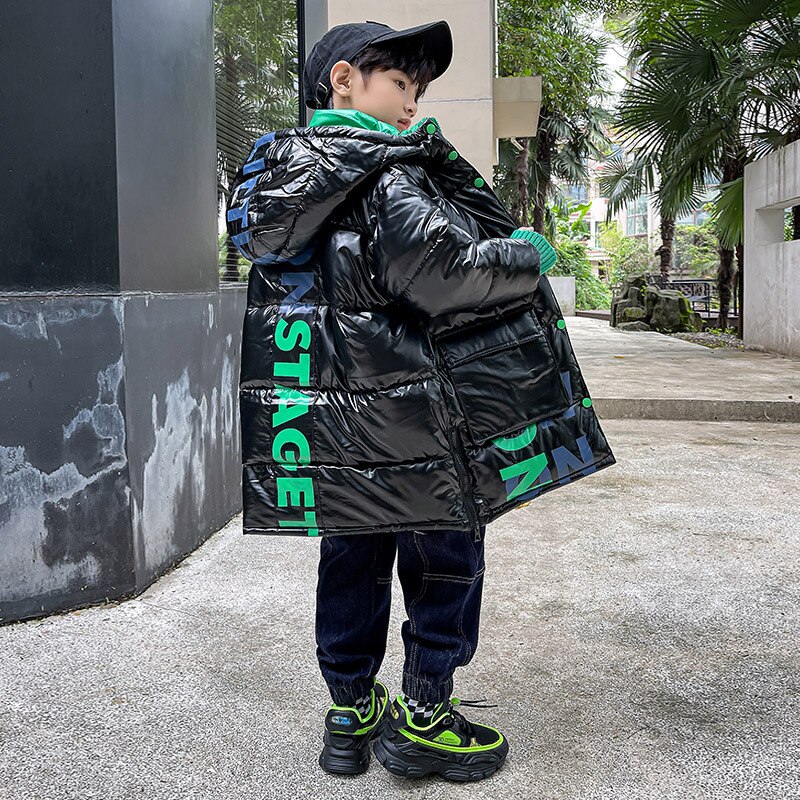 Veste d&#39;hiver russe pour enfants, Parka pour garçons, vêtements noirs brillants, manteaux imperméables à capuche, vêtements d&#39;extérieur mi-longs pour adolescents de 4 6 8 10 12 ans