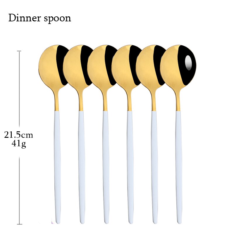 6Pcs White Gold Cutlery Set Stainless Steel Dinnerware Set Spoons Tableware Forks Cutlery Flatware Set Knives Spoons Mirror: Dinner spoon