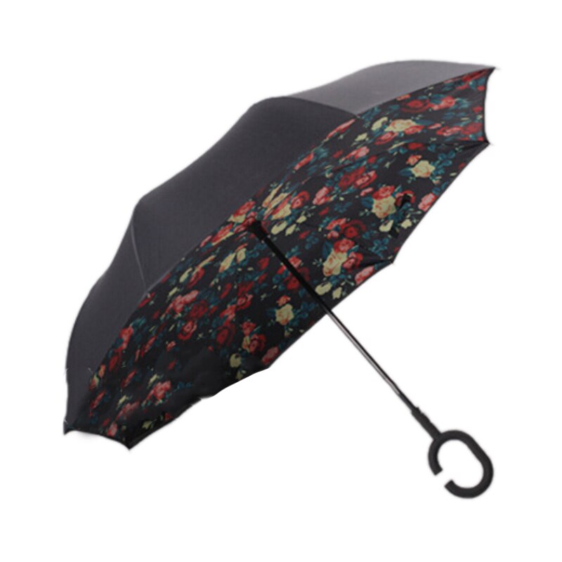 Windproof Folding Double Layer Sun Women Rain Inverted Umbrella Reverse Umbrella Self Stand Wind Proof C-Hook Hands: 2