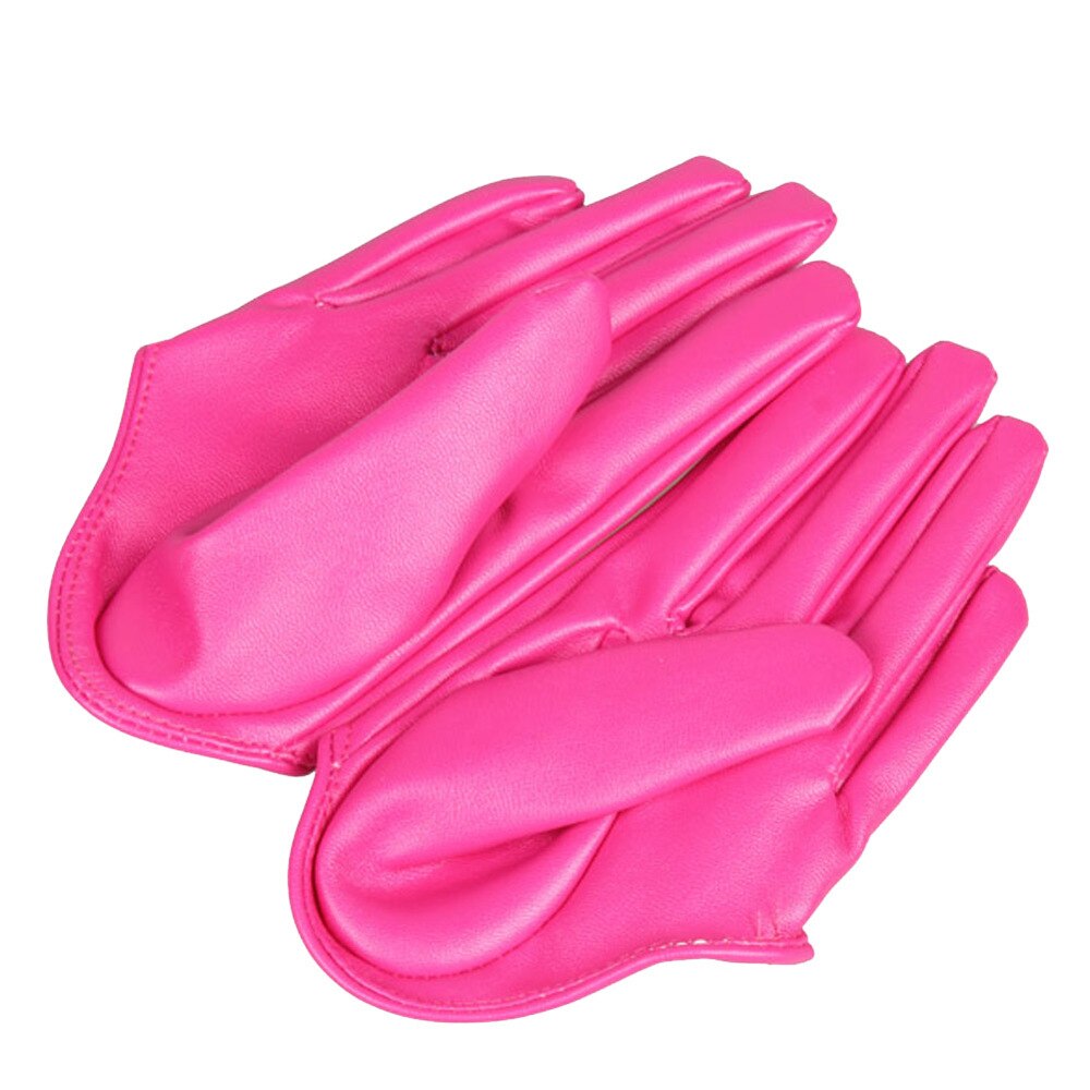 Woman Tight Half Palm Gloves Imitation Leather Five Finger Mittens Vivid Color: Rose carmine