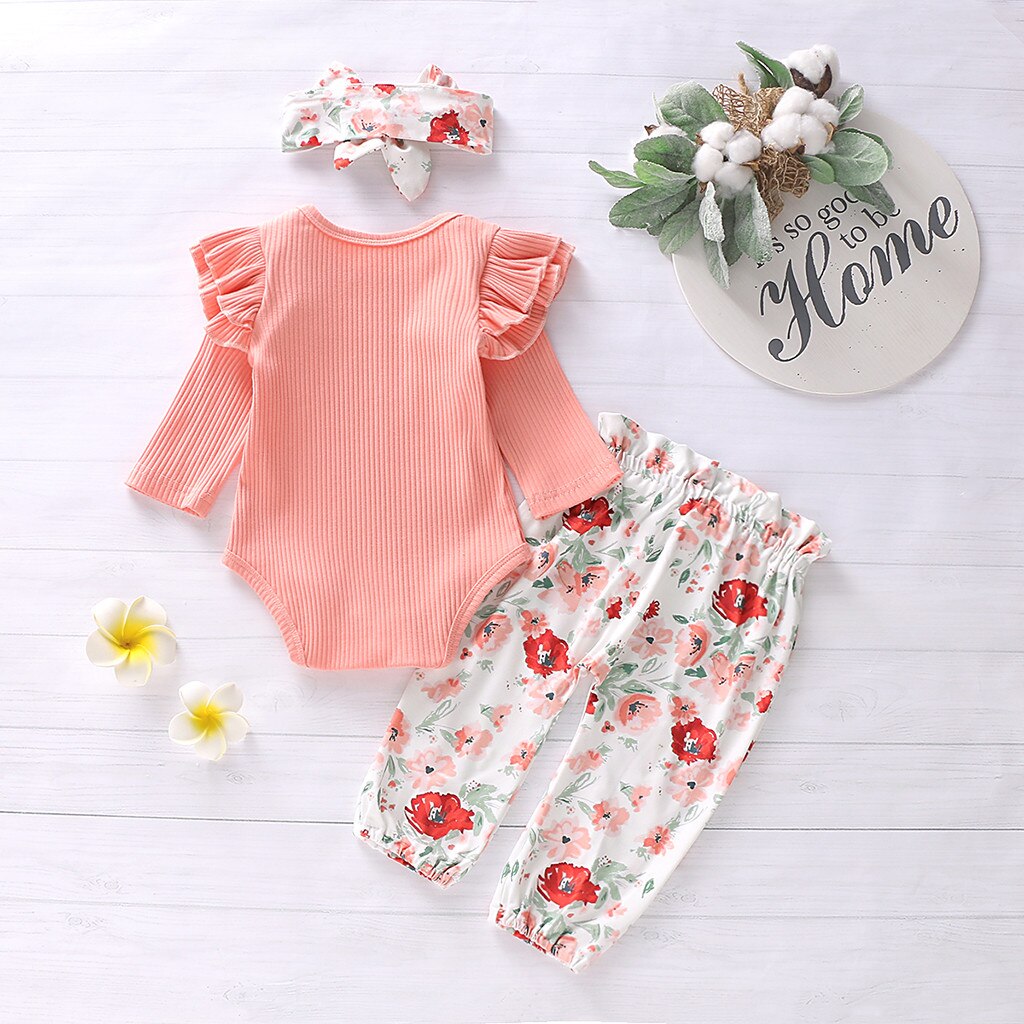 otoño invierno Bebé niñas volantes sólido mameluco mono + Pantalones florales + diadema trajes vestidos 30