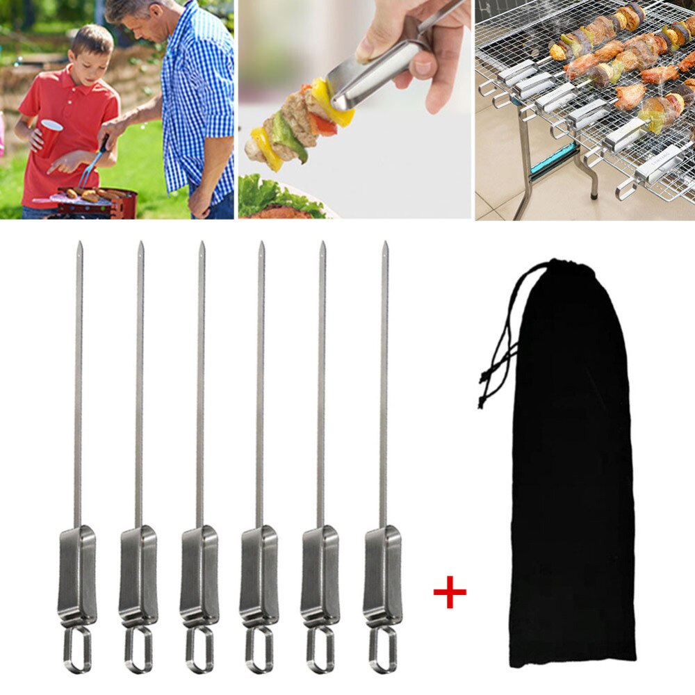 6pcs Stainless Steel BBQ Meat Sticks Long chef grill Food Holders Skewers Needle Prongs for Barbecue Party Skewers With Bag Set