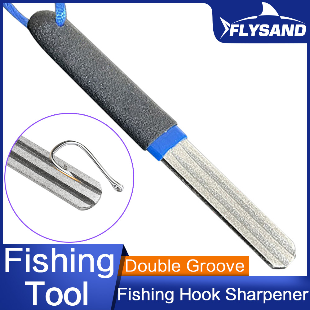 FLYSAND-afilador de anzuelos de pesca portátil con doble ranura para exteriores, herramienta para afilar anzuelos, accesorios de pesca