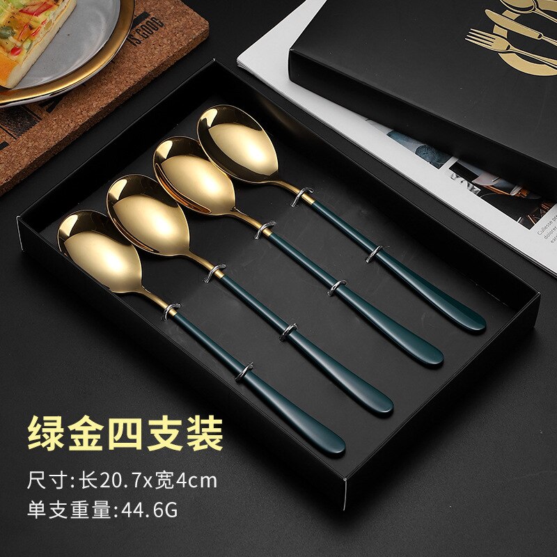 4Pcs Colorful Spoons Set Mirror Cutlery Set 304 Stainless Cutlery Set Spoon Silverware Set Box: Green Gold Set