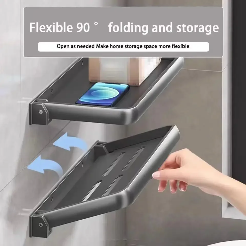 Estante de tocador plegable de aluminio, 90 grados, impermeable, colgante, organizador de artículos de tocador, productos para el hogar, sin perforaciones