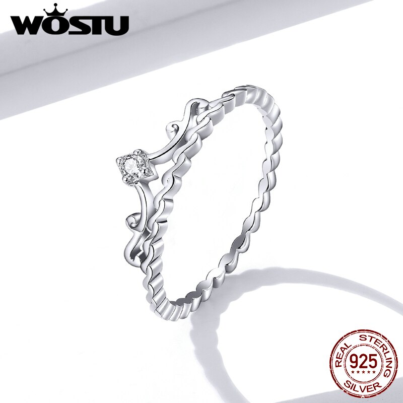 Wostu 925 Sterling Zilveren Kroon Ringen Dazzling Zirkoon Wedding Ring Vinger Voor Vrouwen Engagement Sieraden CTR099