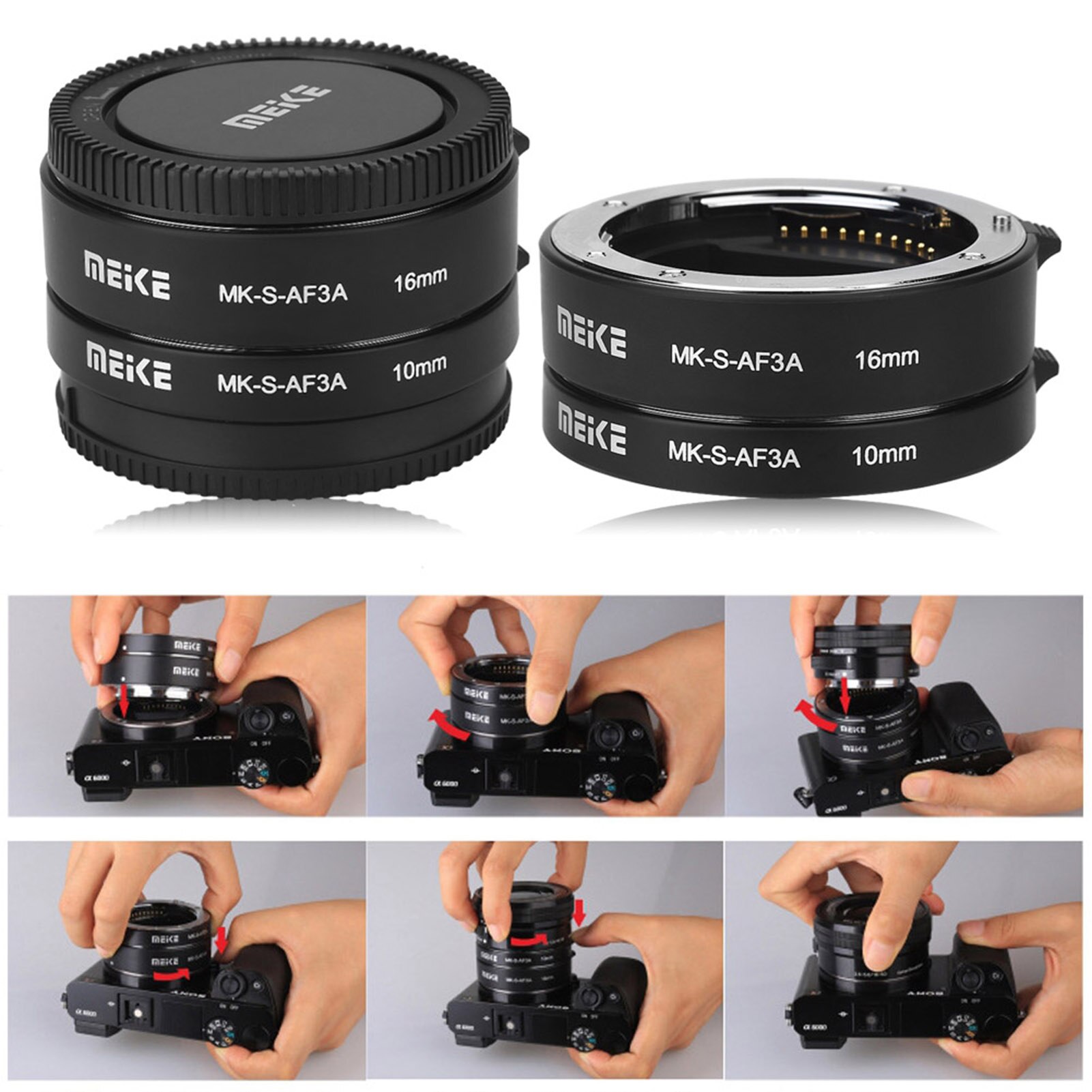 Meike MK-S-AF3A Autofocus D'extension Macro Tube 10mm 16mm pour Sony E-mount FE-Mont A7 NEX-F3 NEX-6 NEX-7 NEX-5T A6300 A6500 Len