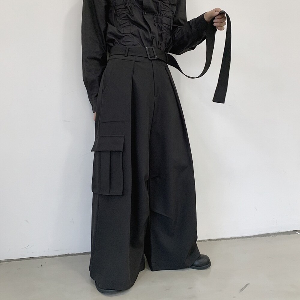 Men High Waisted Wide Leg Pants Loose Gothic Pocket Kendo Hakama Trousers Black Pants 903-B567