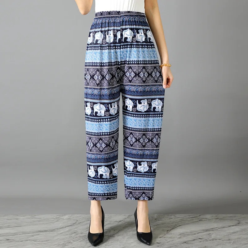 Koele zomer ijszijde bloemenbroek dames muggenbestendig casual thuis met airconditioning negendelige lengte broek: Blauw