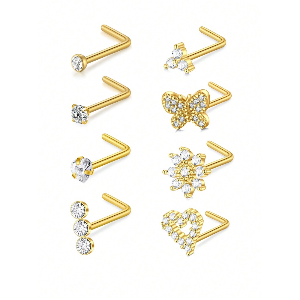 8Pcs/Set Nose Studs Rings For Women 18G 20G Corkscrew L Shaped Nose Screw Studs Nose Rings Studs Surgical Steel Nostril Nose Pie: Imitation Rhodium Plated