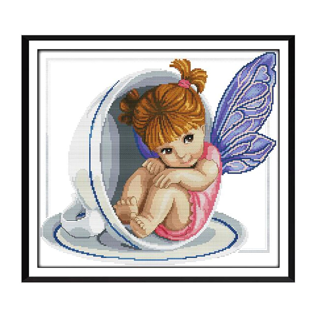 Angel in Teacup DIY Stamped Cross Stitch Kit Pre-printed Patterns Cute Scenery