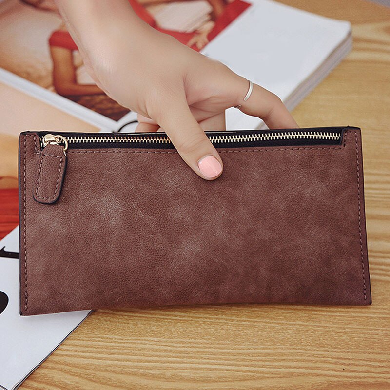 Women Purse Wallet Vintage Card Phone Storage Bag Long PU Leather Wallets Zipper Handbag NIN668: Coffee