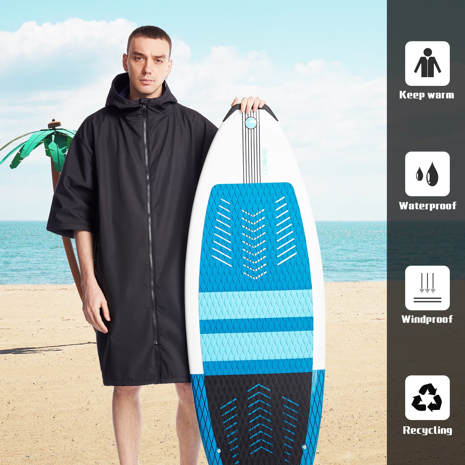 Hiturbo Waterdichte cape met korte mouwen en capuchon Aankleedcape Winddicht Sneldrogend Zwemmen Surfen Klimmen Warme sneldrogende cape
