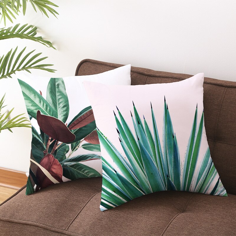 Kids Tropische Planten Palmblad Groene Bladeren Monstera Kussenhoezen Hibiscus Bloem Kussenhoes Decor Beige Linnen Kussensloop