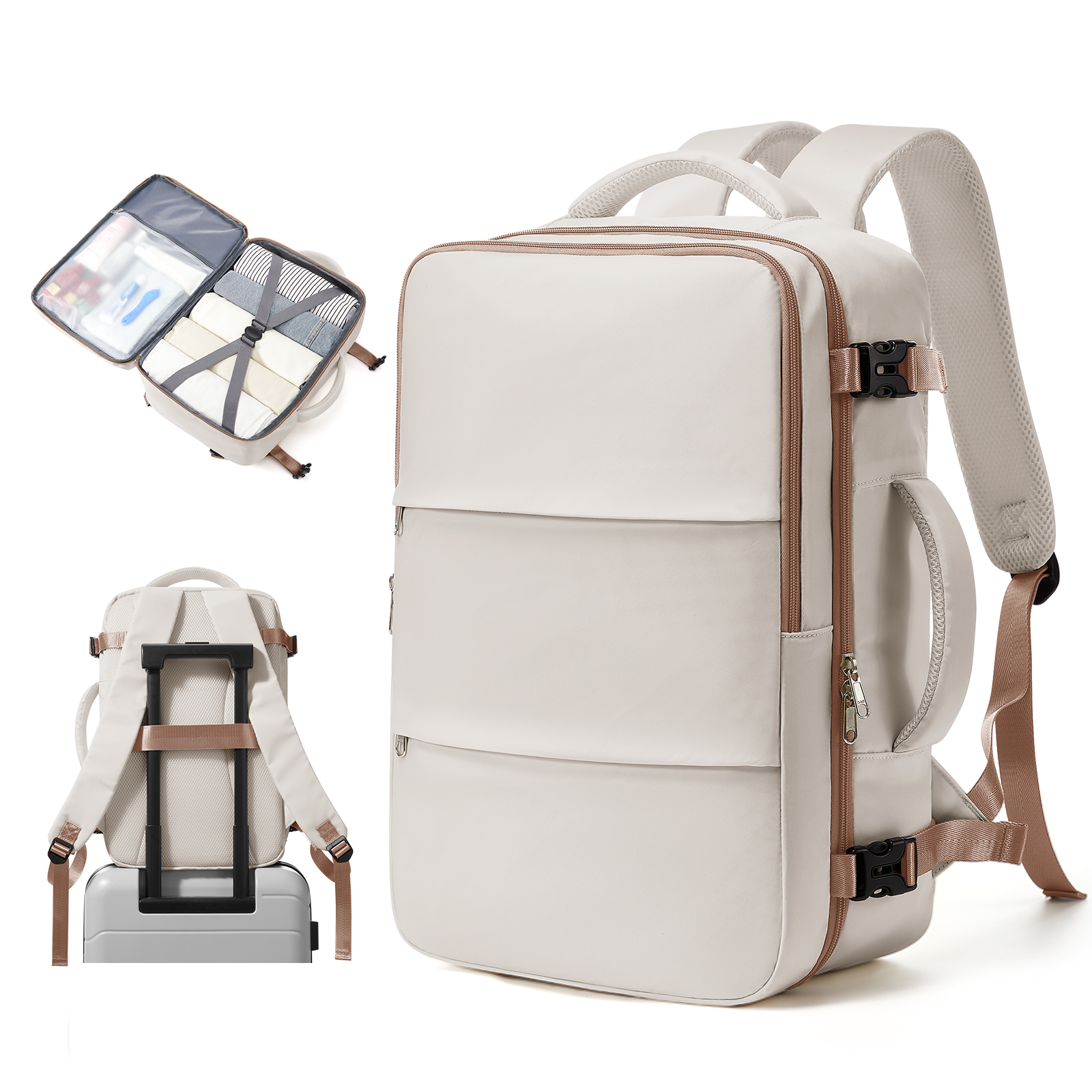 Bärbar reseryggsäck, affärsväska med 15.6-- tums laptop, flygbolagsgodkänd handbagageväska för korta resor, sportryggsäck för vandring: Beige