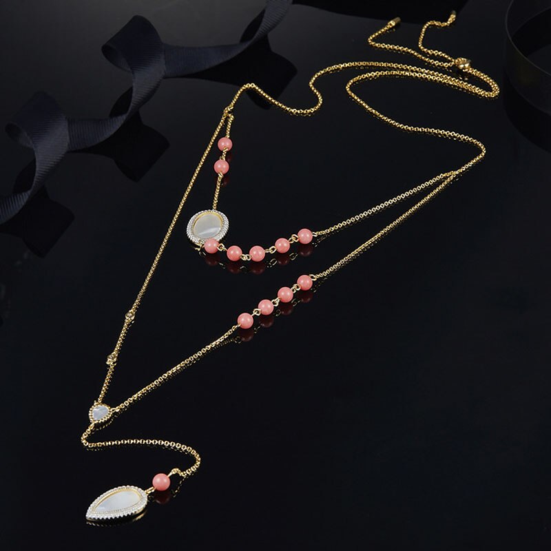 SLJELY Frauen Multi Schicht verrotten Korallen Halskette 100% 925 Sterling Silber AAA Zirkonia Gold Farbe Rosa Süssigkeit Halskette Feine