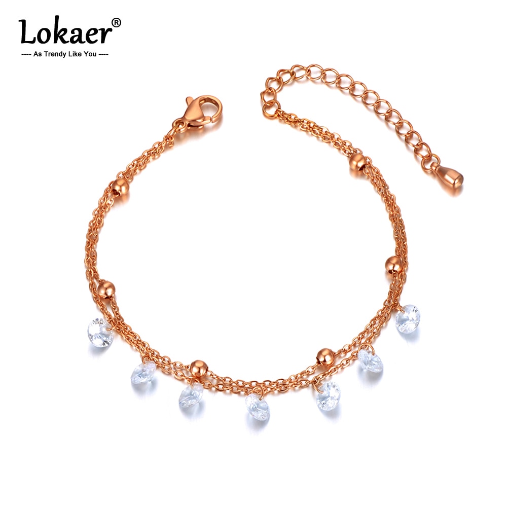 Lokaer Moda Dupla Camada de Aço Inoxidável CZ Cristal Elo Da Cadeia Pulseira de Charme Pulseiras Para Mulheres Meninas vestido de Praia Boemia B20047