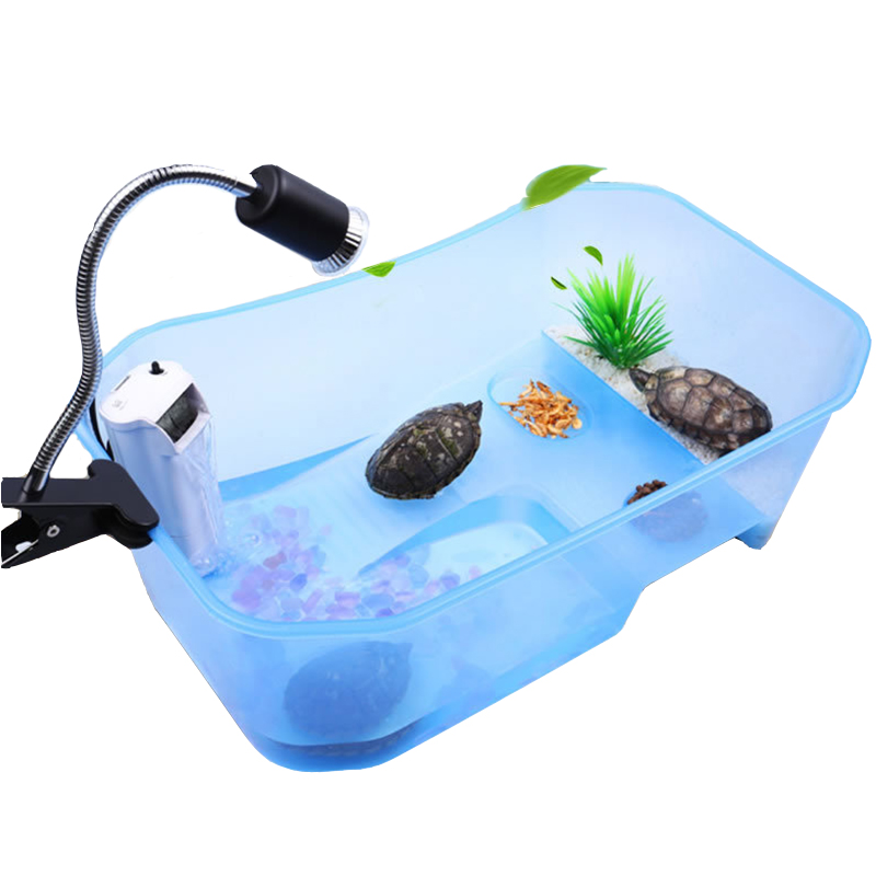 Small 25x17x11cm Turtle Tortoise Habitat House, 4 areas = Swim + Climb + Feed + Rest Bask with light, mini Aquarium Turtle Tank