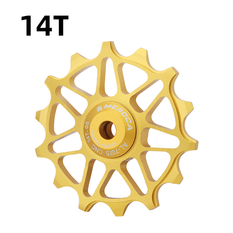 MEROCA 12T 14T ruota fantino bici puleggia in lega di alluminio cuscinetto ceramico sigillato MTB ruota guida deragliatore posteriore: 14T d'oro