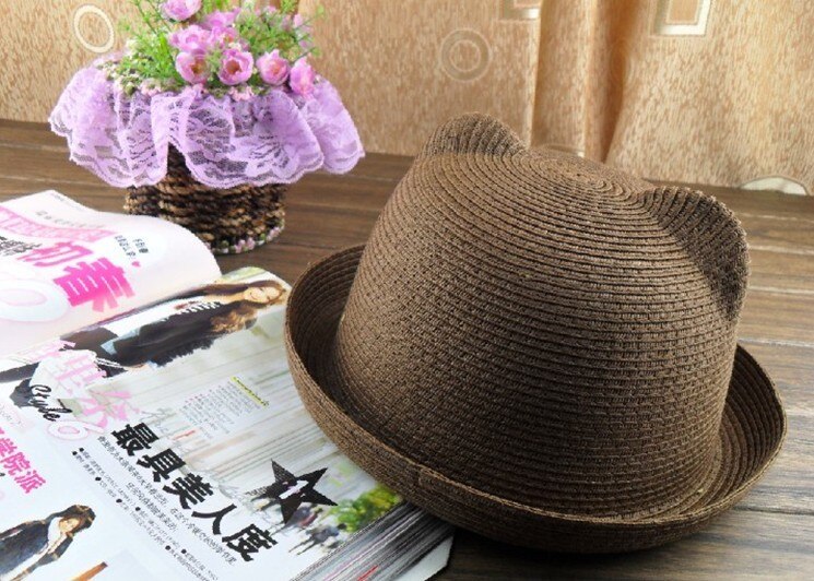 Women Wide Large Brim Floppy bohemia cat ear bunny ear adult Sun Straw Hat Cap: coffe