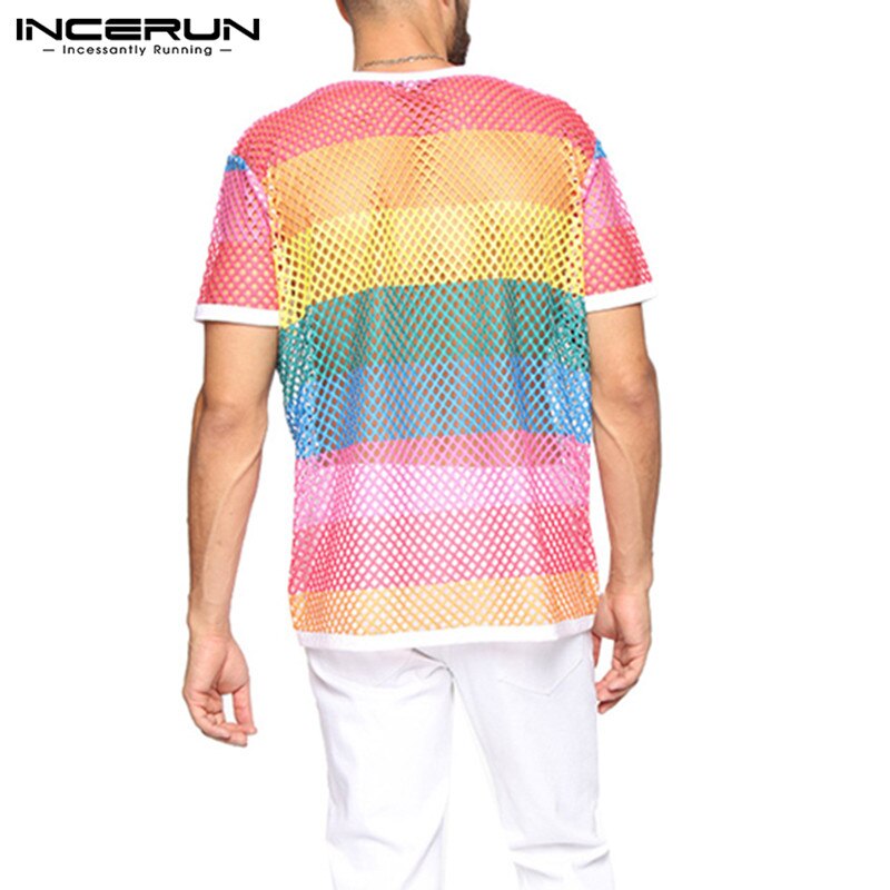 Camiseta de malla para hombre, camisetas degradadas de manga corta a la , blusa transparente con Tie Dye, ropa de calle, camisetas para fiestas en club nocturno, 7