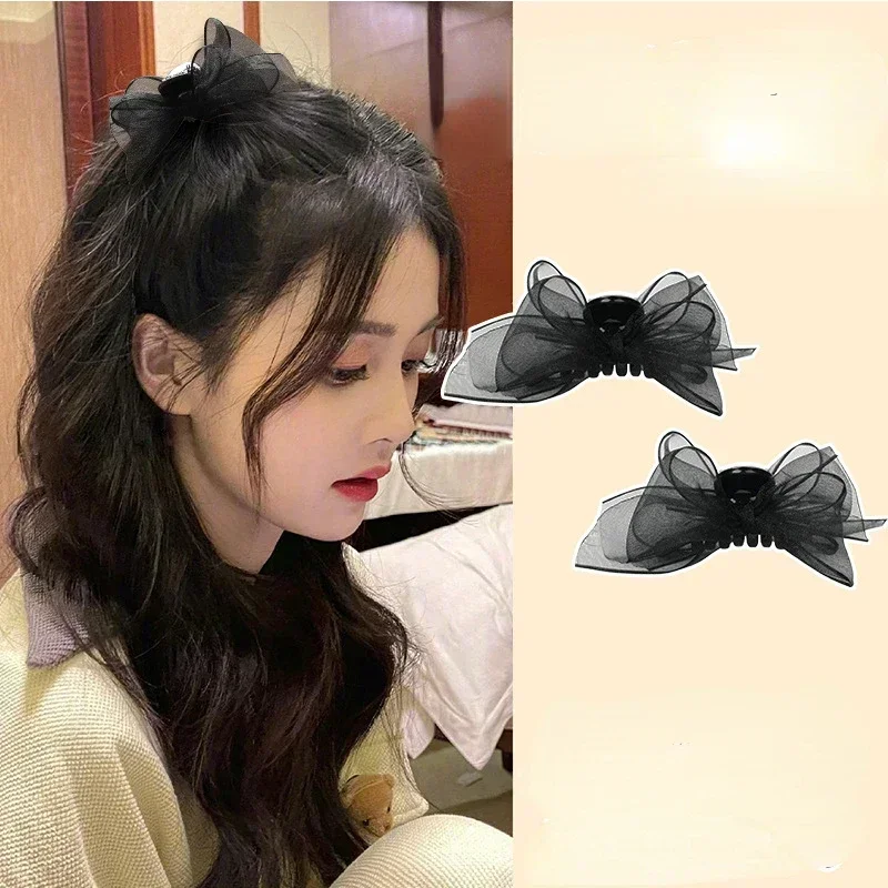 Pince à cheveux en maille avec nœud papillon noir mat, 2 pièces, petite épingle à cheveux pour filles et femmes, Barrette à nœud, accessoires de couvre-chef doux