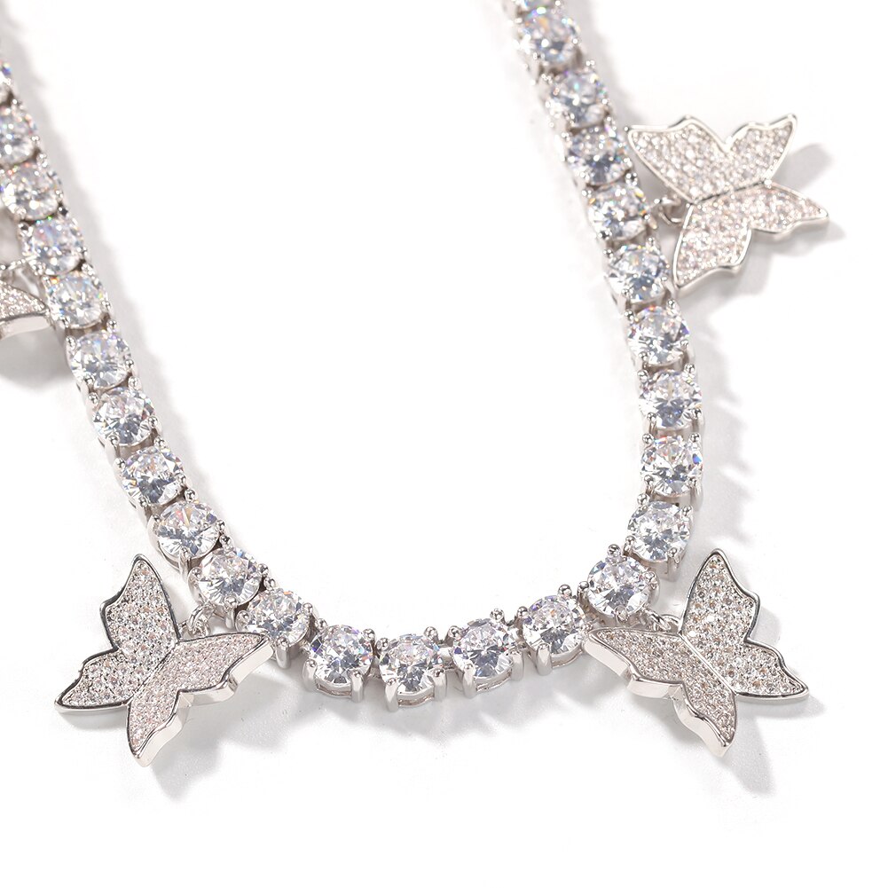 sterben BLING KÖNIG Frauen 5mm CZ Tennis Kette 1 Reihe 7 Stck Schmetterling Rosa & Silber Farbe Luxus Verlängerung kette Schmuck