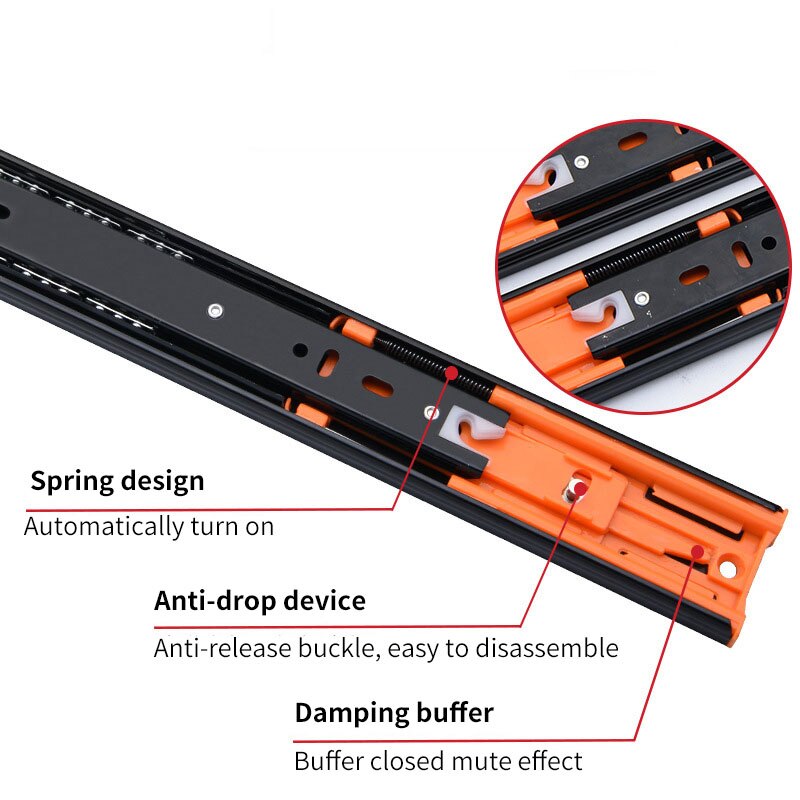 Glissières de tiroir à tampon en métal 10-22 pouces, largeur de voie 45mm, Rail silencieux à trois sections, raccords de quincaillerie pour meubles