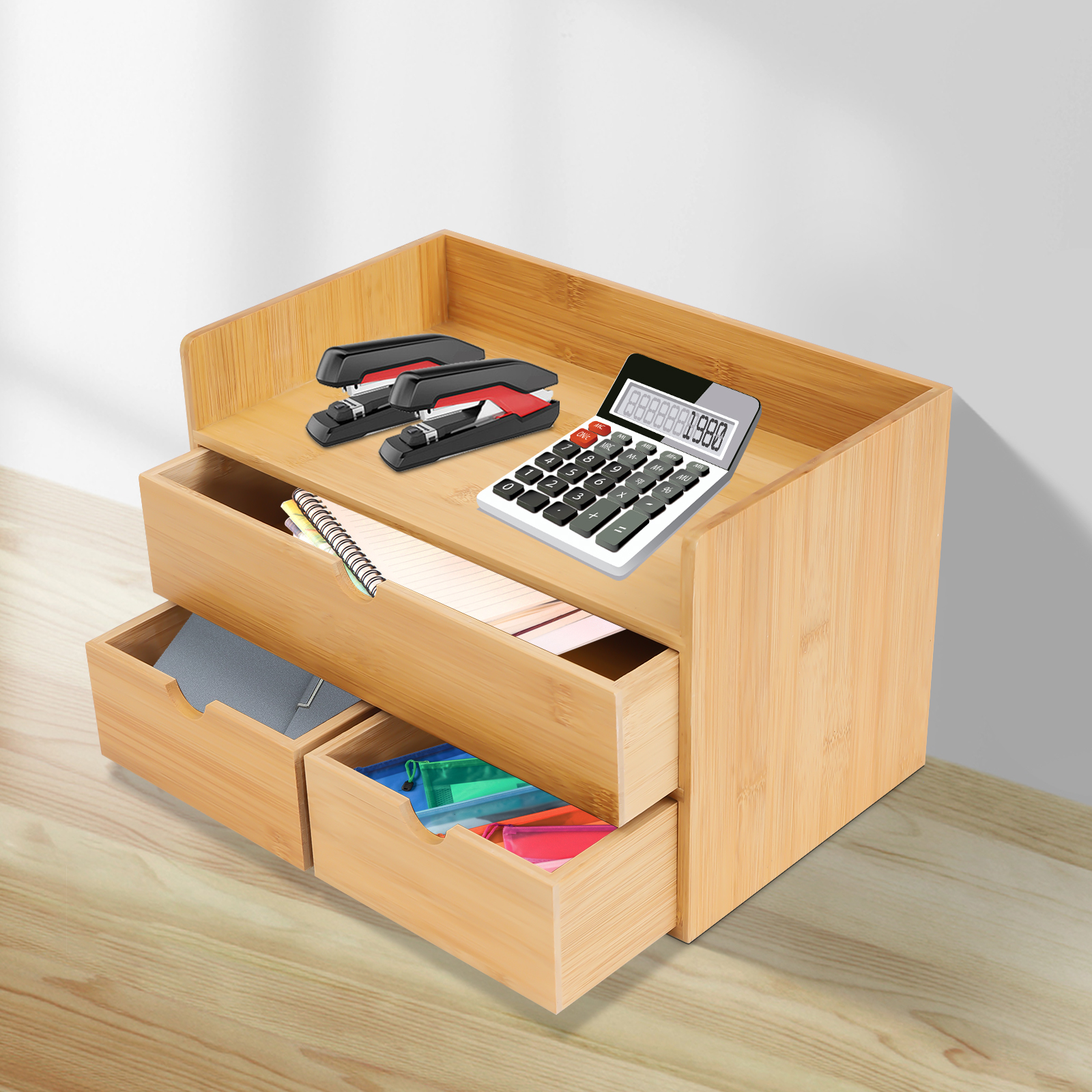 3 Layer Original Bamboo Organizer Mini Desk Drawer Tabletop Storage Organization Box For Office Home