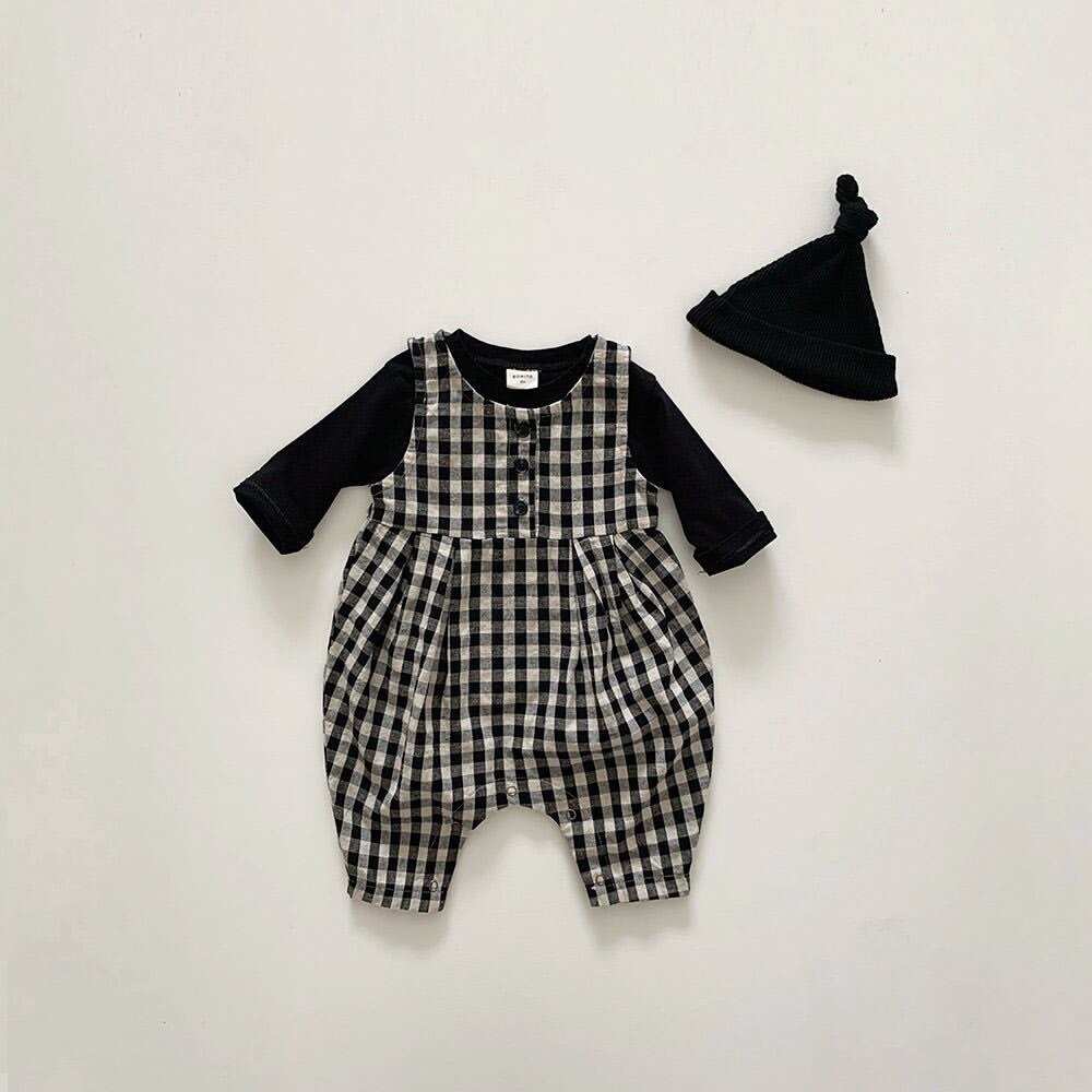 2020 autunno Bambino Appena Nato Della Ragazza del Ragazzo Vestiti Del Bambino Del Pagliaccetto Senza Maniche Plaid Della Tuta Tute E Salopette Con Solido Camicette 2pcs Casual Abiti
