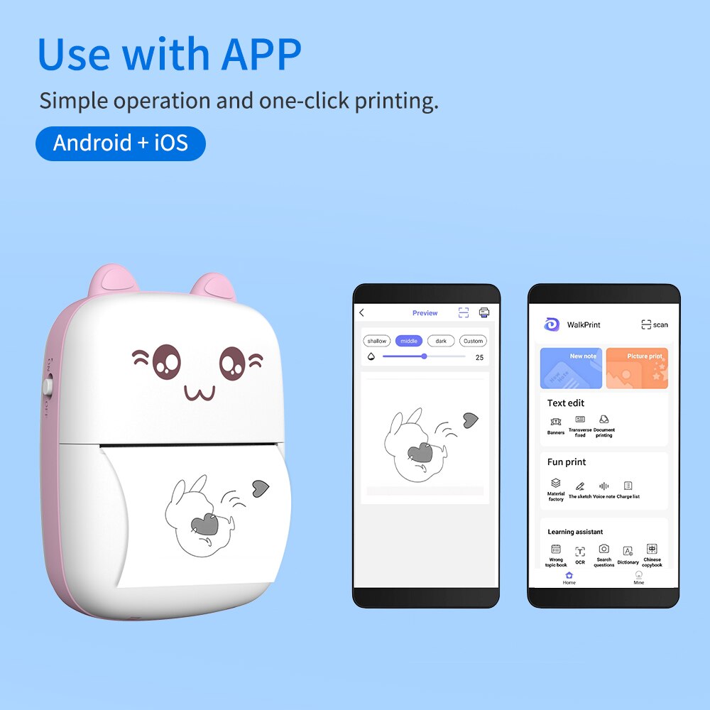 Mini Thermal Printer Portable BT Wireless Printer 200dpi with 1 Roll Thermal Paper for Printing Photo Receipt Sticker Label