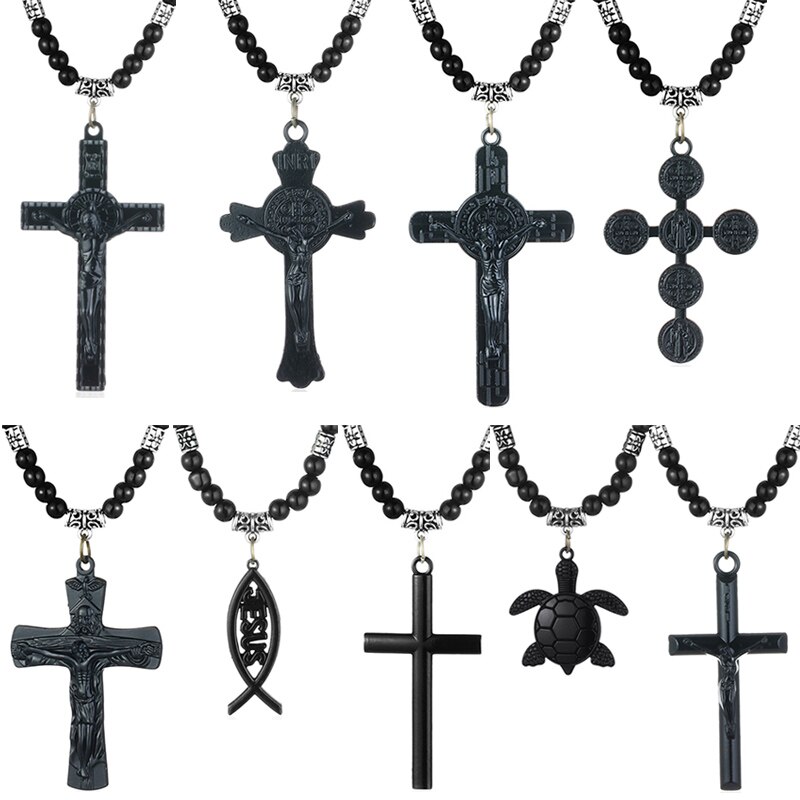 Retro jesus kors vedhæng halskæde sort farve perler kæder saint benedict medalje halskæder til mænd religiøse smykker kolye