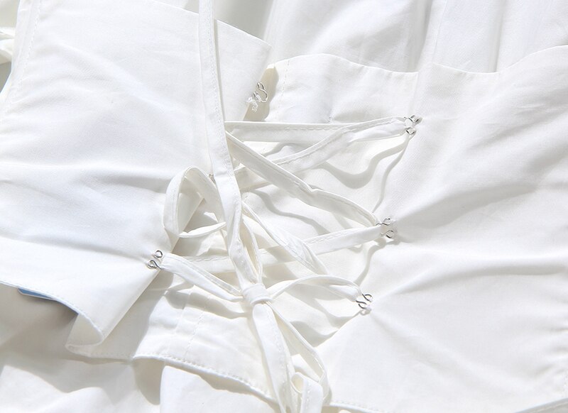 [EAM] Women White Big Size Bandage Pleated Shirt Dress Lapel Long Sleeve Loose Fit Tide Spring Summer 1T922