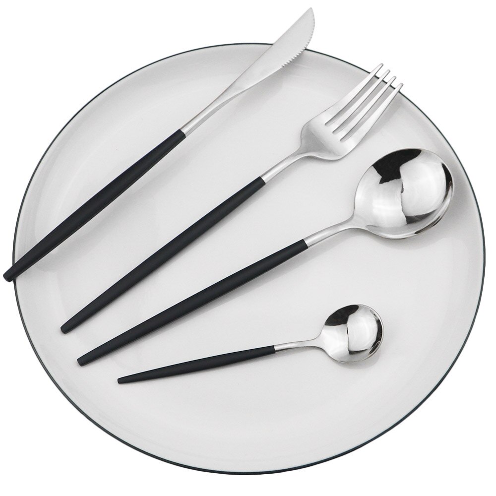 4Pcs/ Set 18/10 Stainless Steel Dinnerware Set Green Gold Flatware Cutlery Set Dinner Gold Knife Fork Spoon Silverware Set: Balck Silver