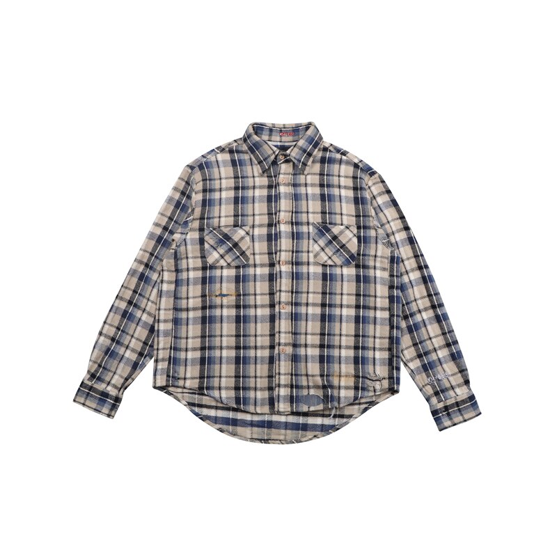 Oversized Plaid VUJADE kenijima Shirts Men Women 1:1 Destroy Plaid Shirt Flannel VUJADE Pocket Blouse: S