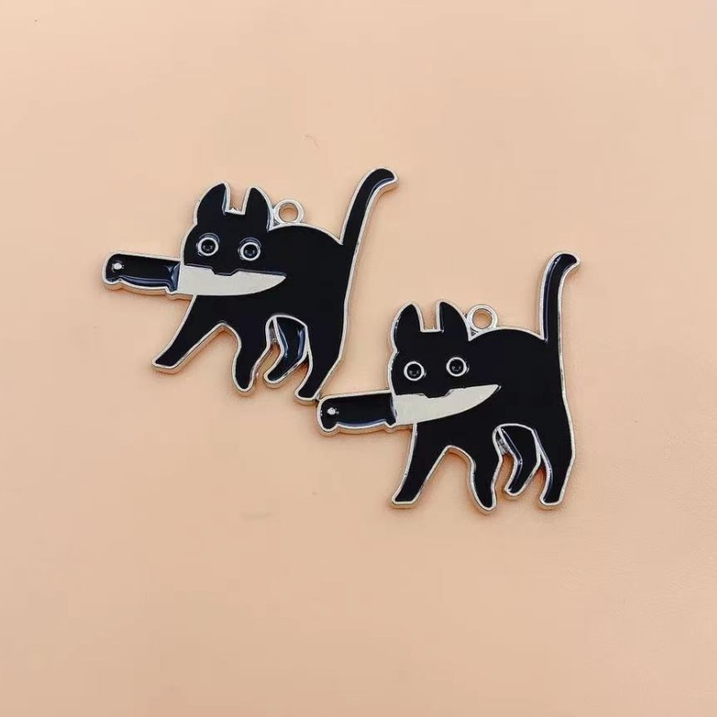 10 Uds. De abalorios esmaltados con forma de cuchillo de gato para Halloween, para hacer joyas, pendientes, colgantes, pulseras, collares, accesorios, materiales de suministros Diy: Bañado en rodio de imitación