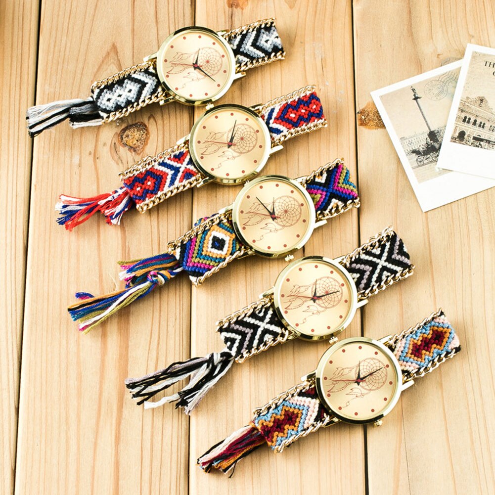 Montres femmes style ethnique bracelet tissé multicolore montre décoration