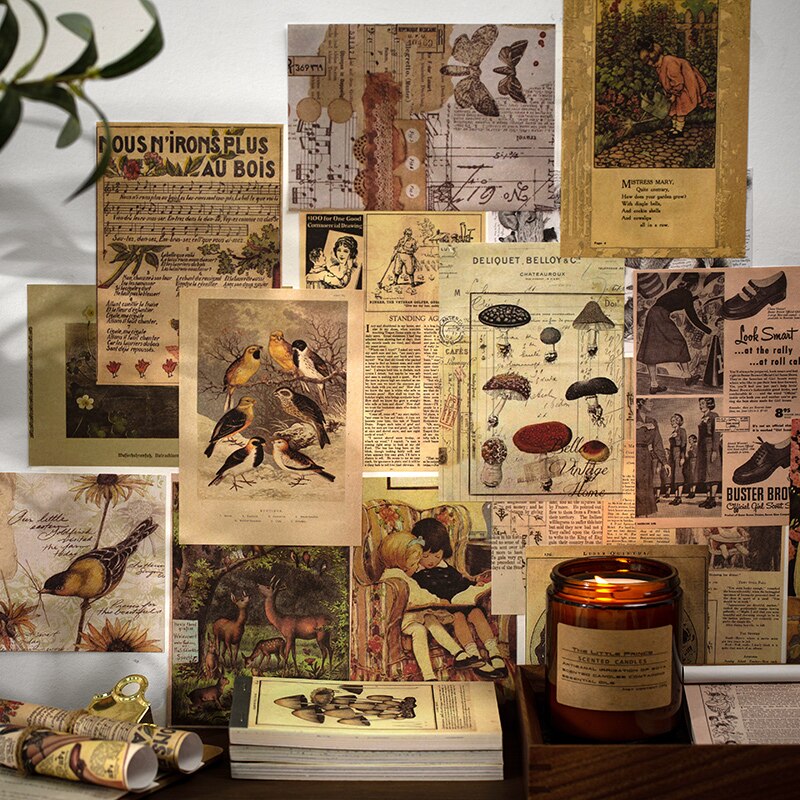Yoofun 60 ark retro dekorativt bagsidemateriale papirer svampeavis skovpapir til collage junk journals vintage håndværk